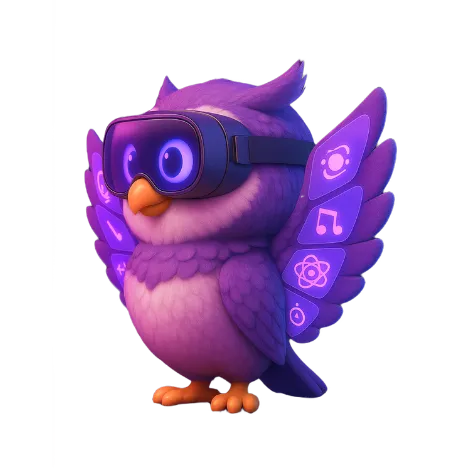 Qatar Education Leadership Expo's owl mascot wearing VR goggles to represent exhibitor benefits and technology.
